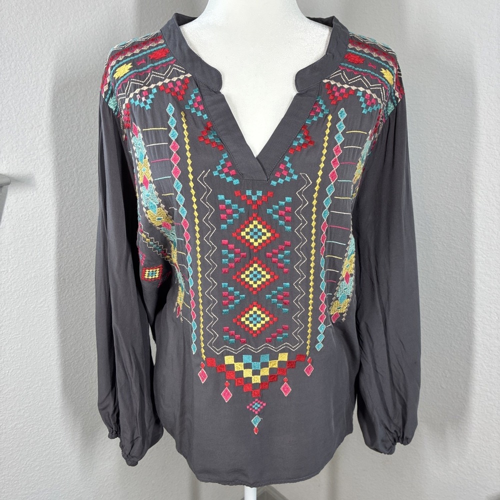 Savanna Jane 3X Aztec Western Embroidered Long Sleeve Top Boho Festival Tribal